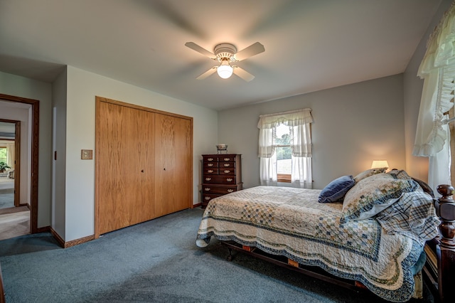 bedroom with carpet flooring, ceiling fan, and a closet