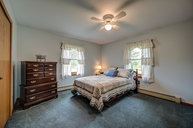 bedroom with carpet floors, a baseboard radiator, multiple windows, and ceiling fan