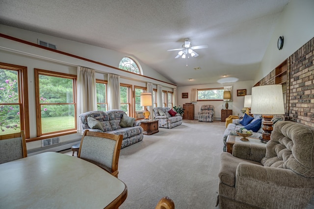 living room featuring carpet flooring, ceiling fan, lofted ceiling, and a textured ceiling