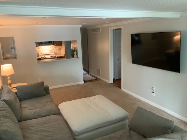 carpeted living room featuring electric panel and crown molding