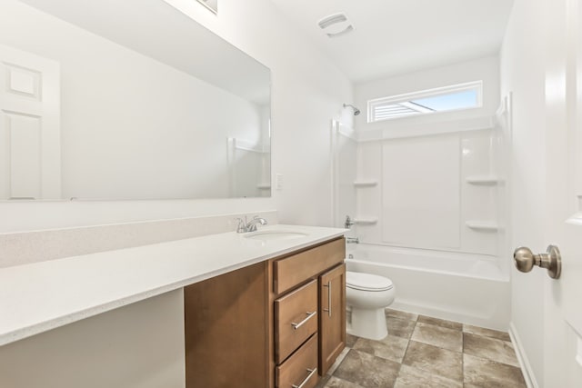 full bathroom with toilet, vanity, and shower / bathtub combination