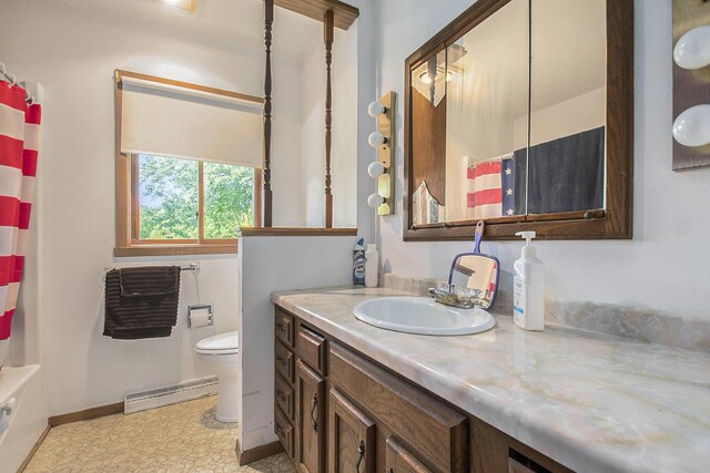 7260 W E Rd, Three Oaks, MI 49128 - bathroom with vanity, toilet, a shower with shower curtain, baseboards, and a baseboard heating unit