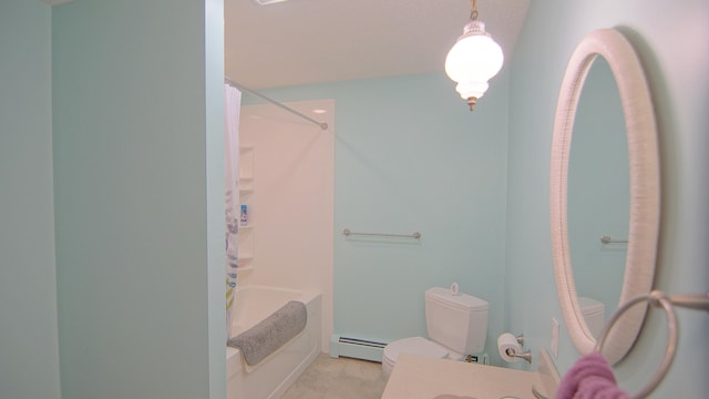 bathroom with tile patterned floors, toilet, shower / bathtub combination with curtain, and a baseboard heating unit