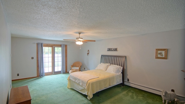 carpeted bedroom featuring ceiling fan, a textured ceiling, and a baseboard radiator