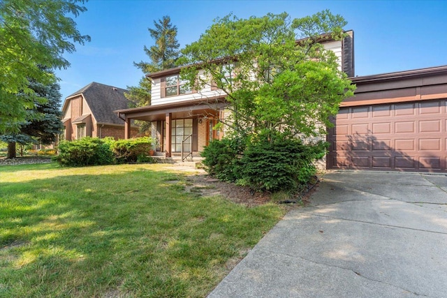 view of front of home featuring a porch, a garage, and a front lawn