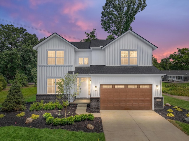 667 Allegheny Dr, South Lyon, MI 48178 - modern farmhouse with board and batten siding, brick siding, roof with shingles, concrete driveway, and a garage
