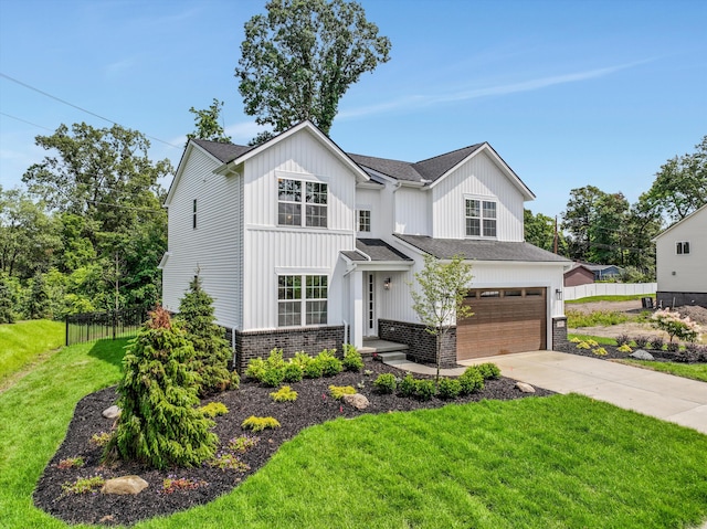 667 Allegheny Dr, South Lyon, MI 48178 - modern farmhouse style home featuring concrete driveway, a garage, roof with shingles, brick siding, and board and batten siding