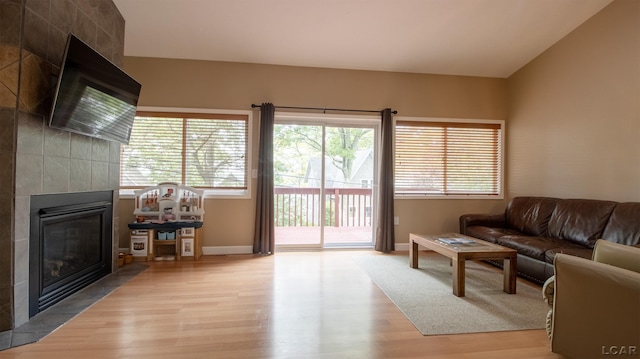 4241 Echo Cv, Manitou Beach, MI 49253 - living area featuring light wood finished floors, a tile fireplace, and baseboards
