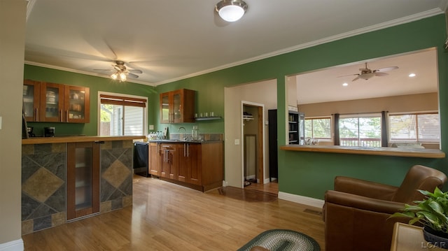 4241 Echo Cv, Manitou Beach, MI 49253 - kitchen with ceiling fan, light wood-style floors, brown cabinetry, and ornamental molding