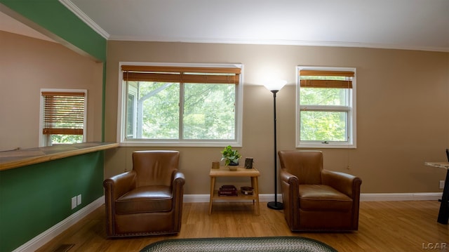 living area with wood-type flooring and ornamental molding