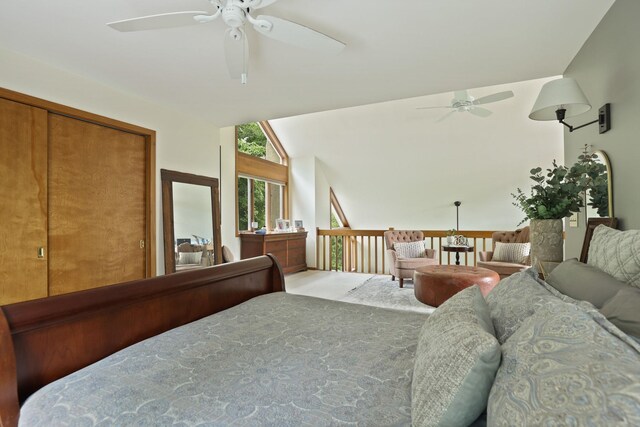 9300 Ormes Rd, Vassar, MI 49768 - bedroom featuring carpet floors, a ceiling fan, and vaulted ceiling