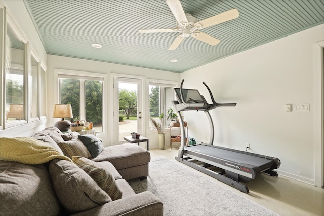 exercise area featuring ceiling fan