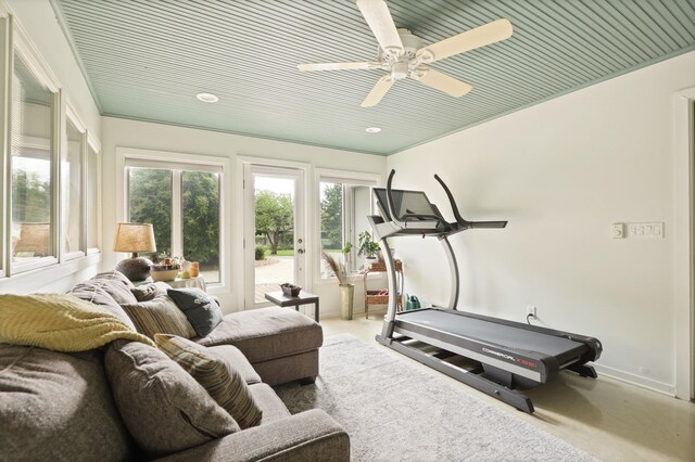 9300 Ormes Rd, Vassar, MI 49768 - exercise area with carpet, baseboards, and ceiling fan