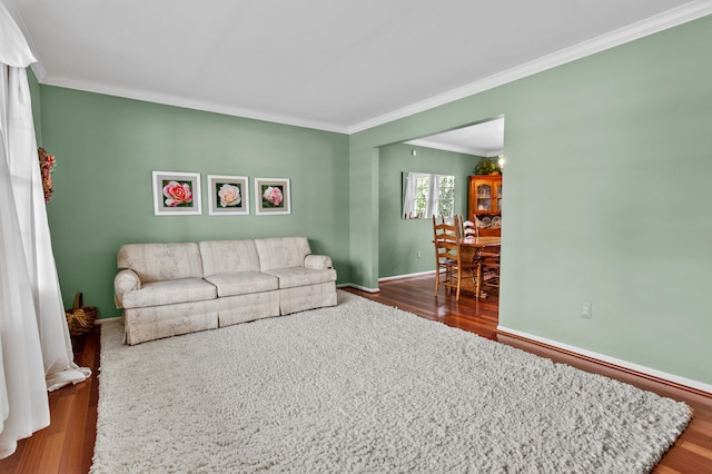 living room with wood-type flooring and crown molding