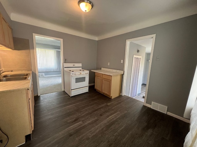 kitchen with light brown cabinets, sink, dark hardwood / wood-style floors, and white electric range