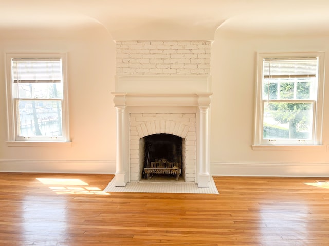 details featuring hardwood / wood-style floors and a fireplace