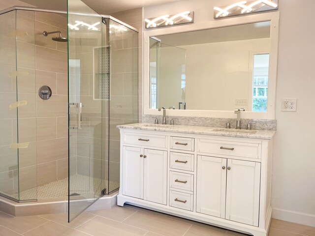 488 Parkview Dr, Detroit, MI 48214 - bathroom with a shower stall, double vanity, tile patterned floors, and baseboards