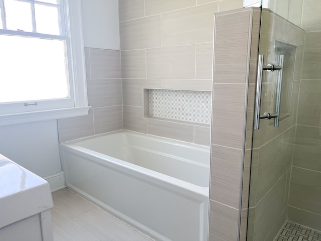 488 Parkview Dr, Detroit, MI 48214 - full bath featuring a bath, a shower stall, tile patterned flooring, and vanity