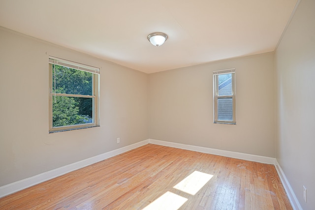 spare room with light wood-type flooring, plenty of natural light, and ornamental molding