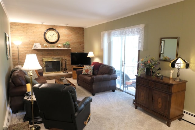 living room with a fireplace, ornamental molding, baseboard heating, and light carpet