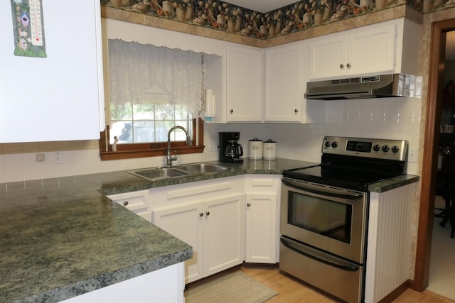 kitchen featuring white cabinets, electric stove, sink, tasteful backsplash, and light hardwood / wood-style floors