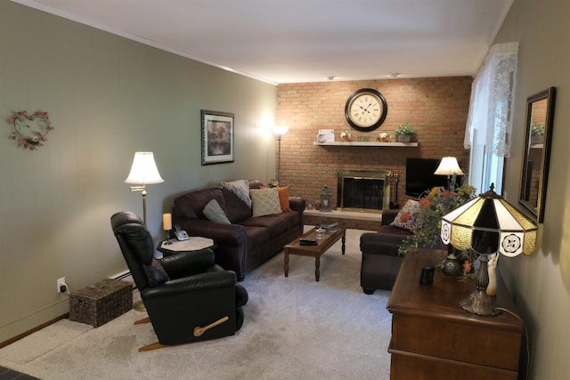 carpeted living room with crown molding and a fireplace