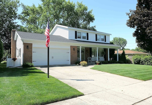 view of front of house with a front lawn, covered porch, and a garage