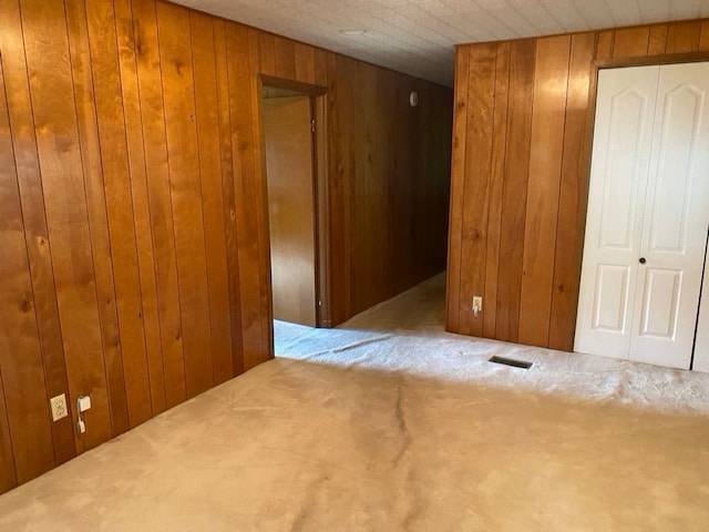 spare room with wooden walls and carpet floors