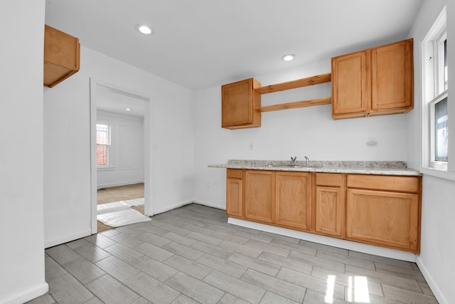 kitchen featuring light stone countertops, plenty of natural light, light hardwood / wood-style flooring, and sink