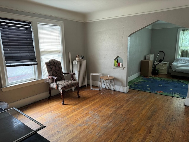 living area featuring hardwood / wood-style floors, plenty of natural light, and radiator heating unit