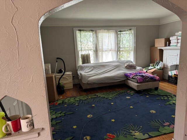 bedroom with hardwood / wood-style flooring and ornamental molding