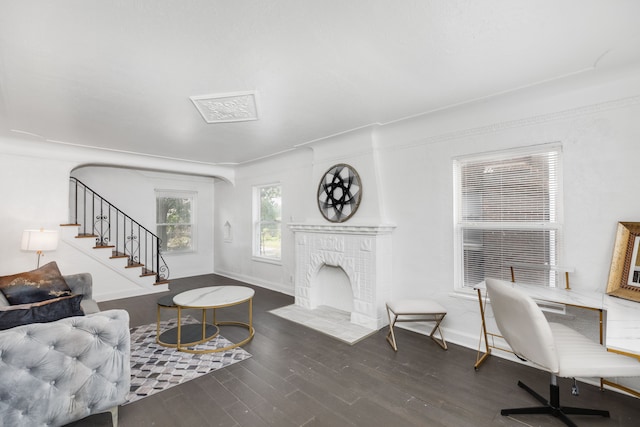 living room featuring dark hardwood / wood-style flooring and a fireplace