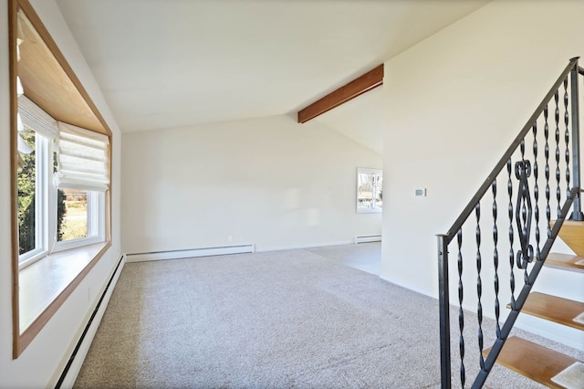 carpeted spare room with vaulted ceiling with beams, stairs, and a baseboard radiator