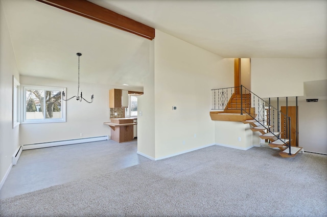 unfurnished living room with a baseboard heating unit, stairway, carpet floors, baseboards, and vaulted ceiling with beams