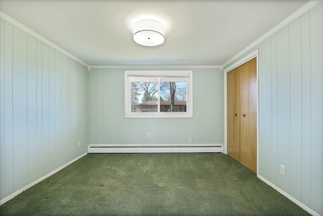 unfurnished bedroom featuring a baseboard radiator, carpet, a closet, and crown molding