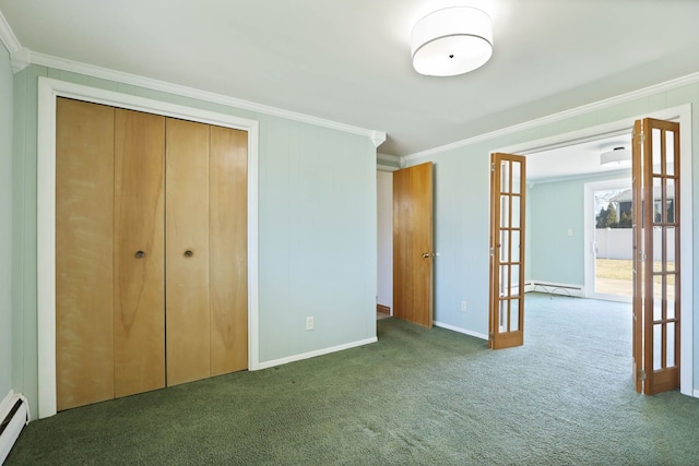 unfurnished bedroom with a baseboard heating unit, french doors, carpet, crown molding, and a baseboard radiator