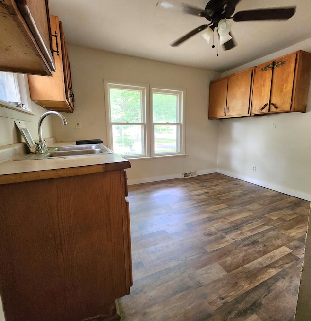 kitchen with ceiling fan, dark wood-type flooring, and sink