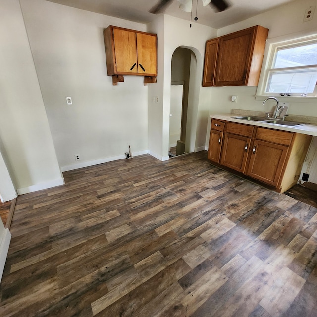 kitchen with dark hardwood / wood-style flooring, ceiling fan, and sink