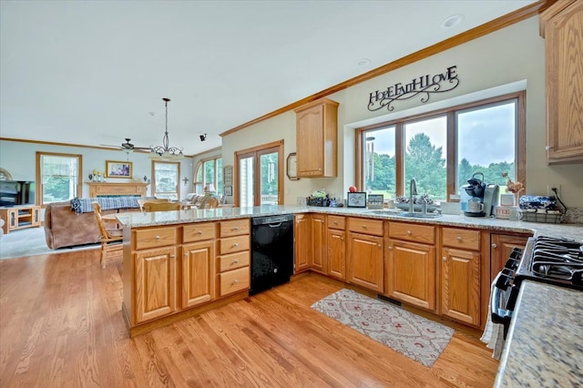 kitchen featuring dishwasher, kitchen peninsula, a wealth of natural light, and sink