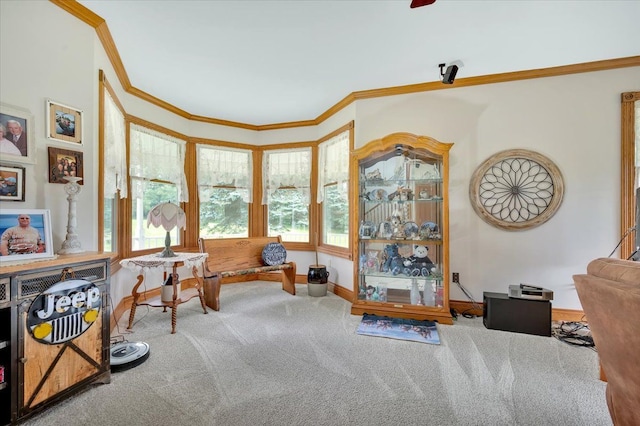 sitting room with carpet flooring and ornamental molding