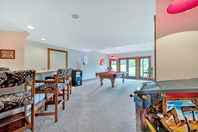 playroom with carpet, pool table, and french doors