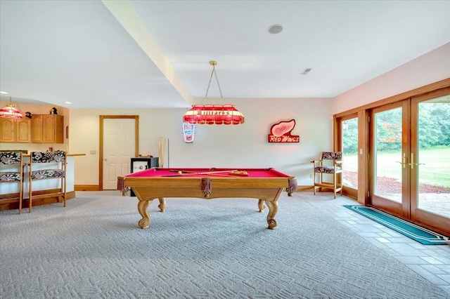 recreation room with billiards and french doors