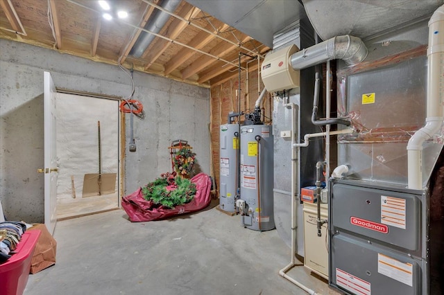 utility room with gas water heater and heating unit