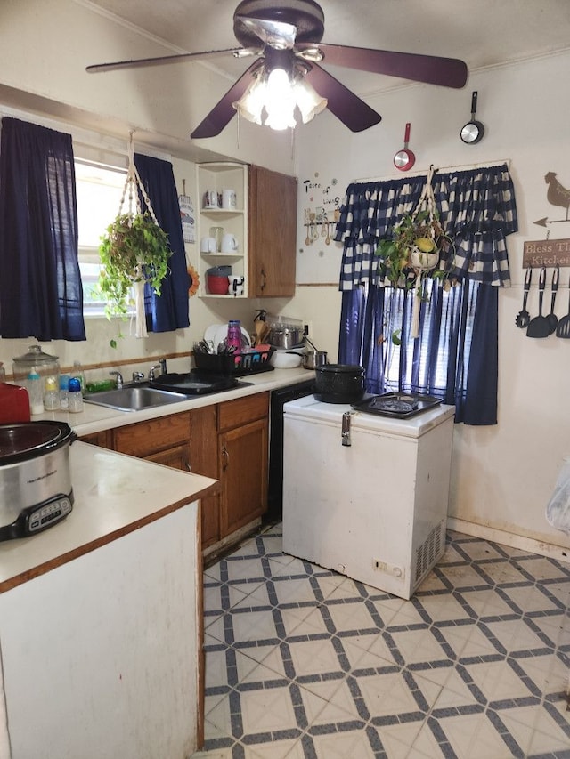 kitchen with ceiling fan and sink