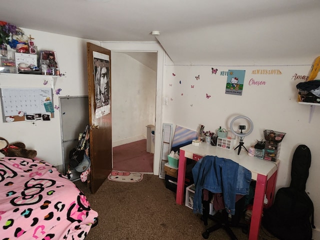 bedroom with dark colored carpet