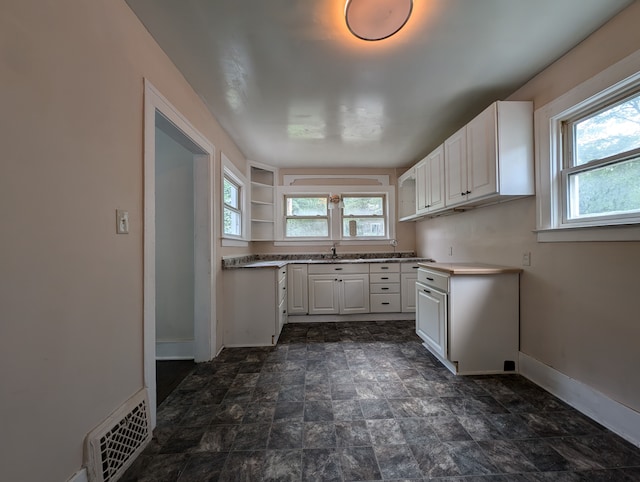 kitchen with white cabinets, built in shelves, and sink