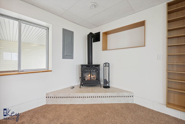 room details featuring carpet floors, electric panel, a wood stove, and a paneled ceiling