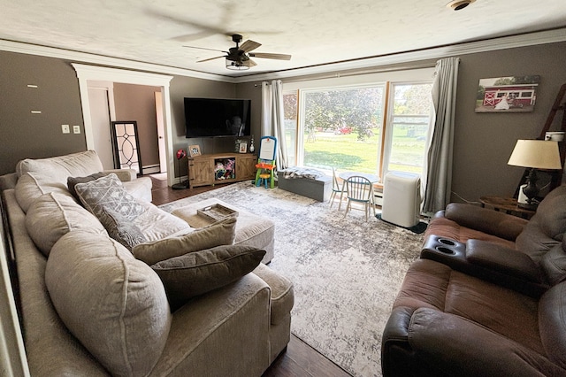 living room with ceiling fan, hardwood / wood-style floors, and ornamental molding