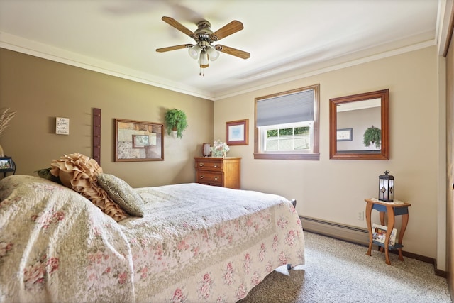 carpeted bedroom with ceiling fan, crown molding, and a baseboard heating unit