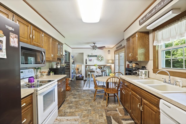 kitchen with a wealth of natural light, ceiling fan, sink, and appliances with stainless steel finishes